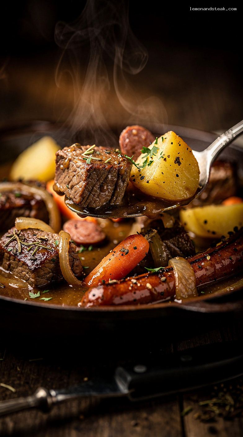 Rustic Mixed Meat and Potato Farmer’s Stew – Closeup