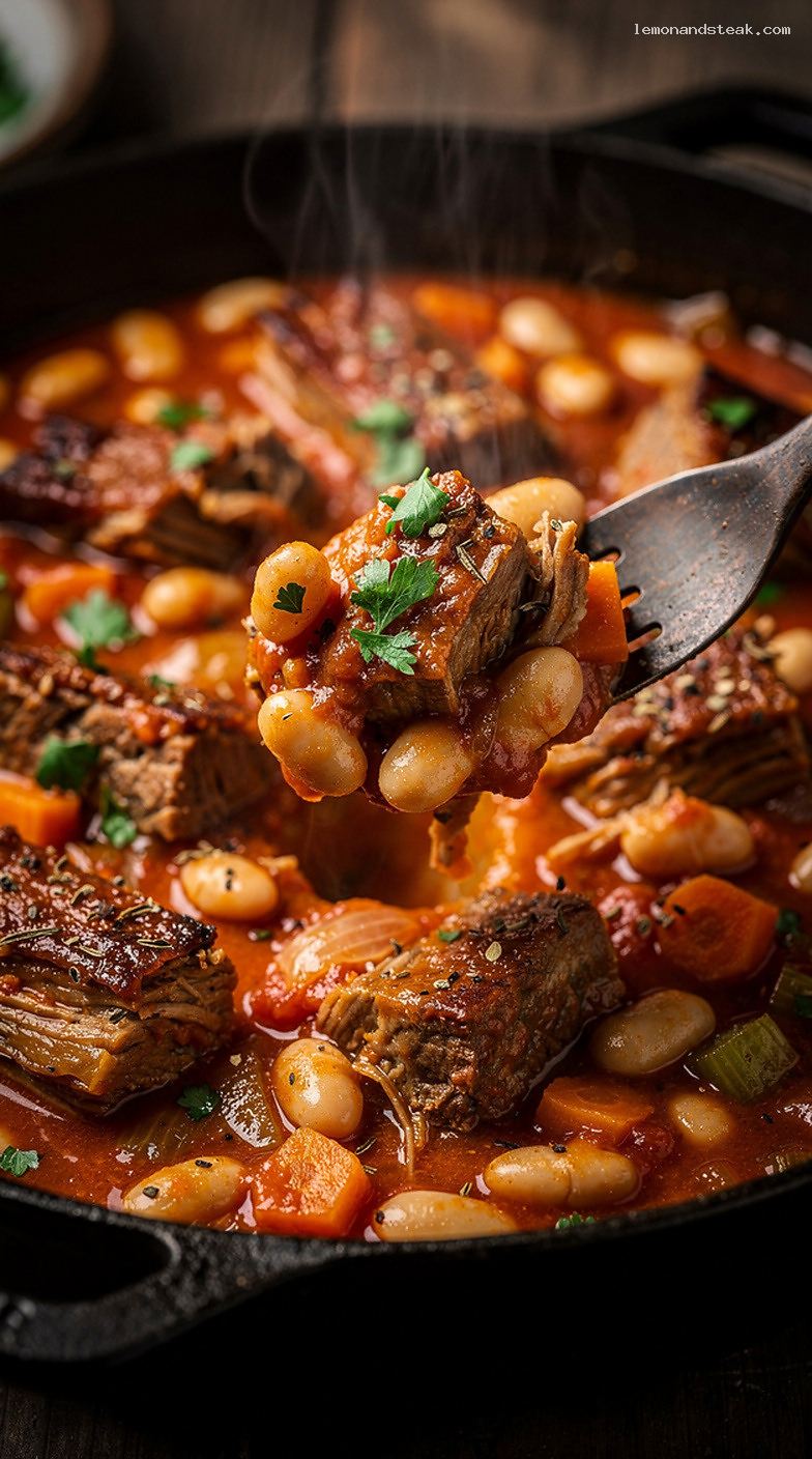 Rustic Pork, White Bean, and Tomato Stew – Closeup