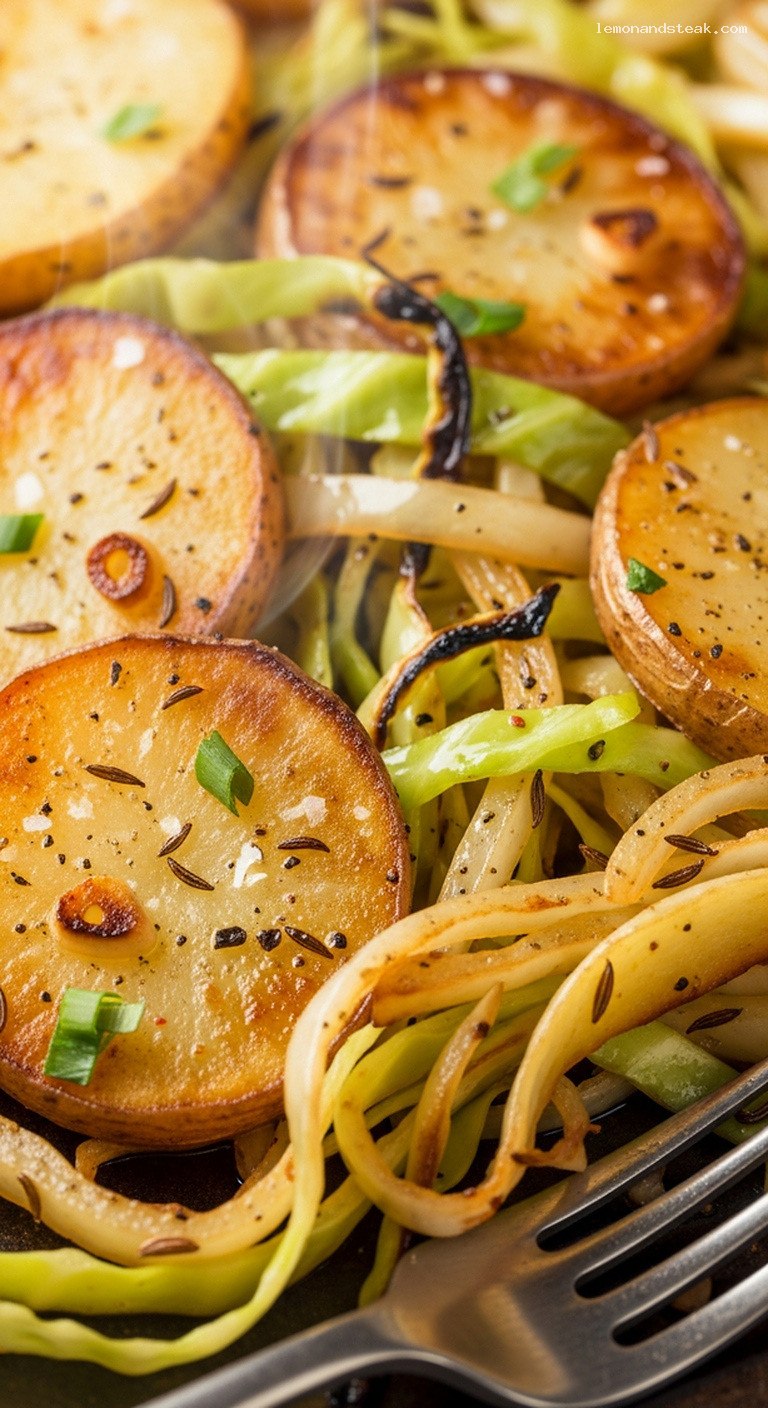 Rustic Potato and Cabbage Skillet with Onions and Vinegar – Closeup