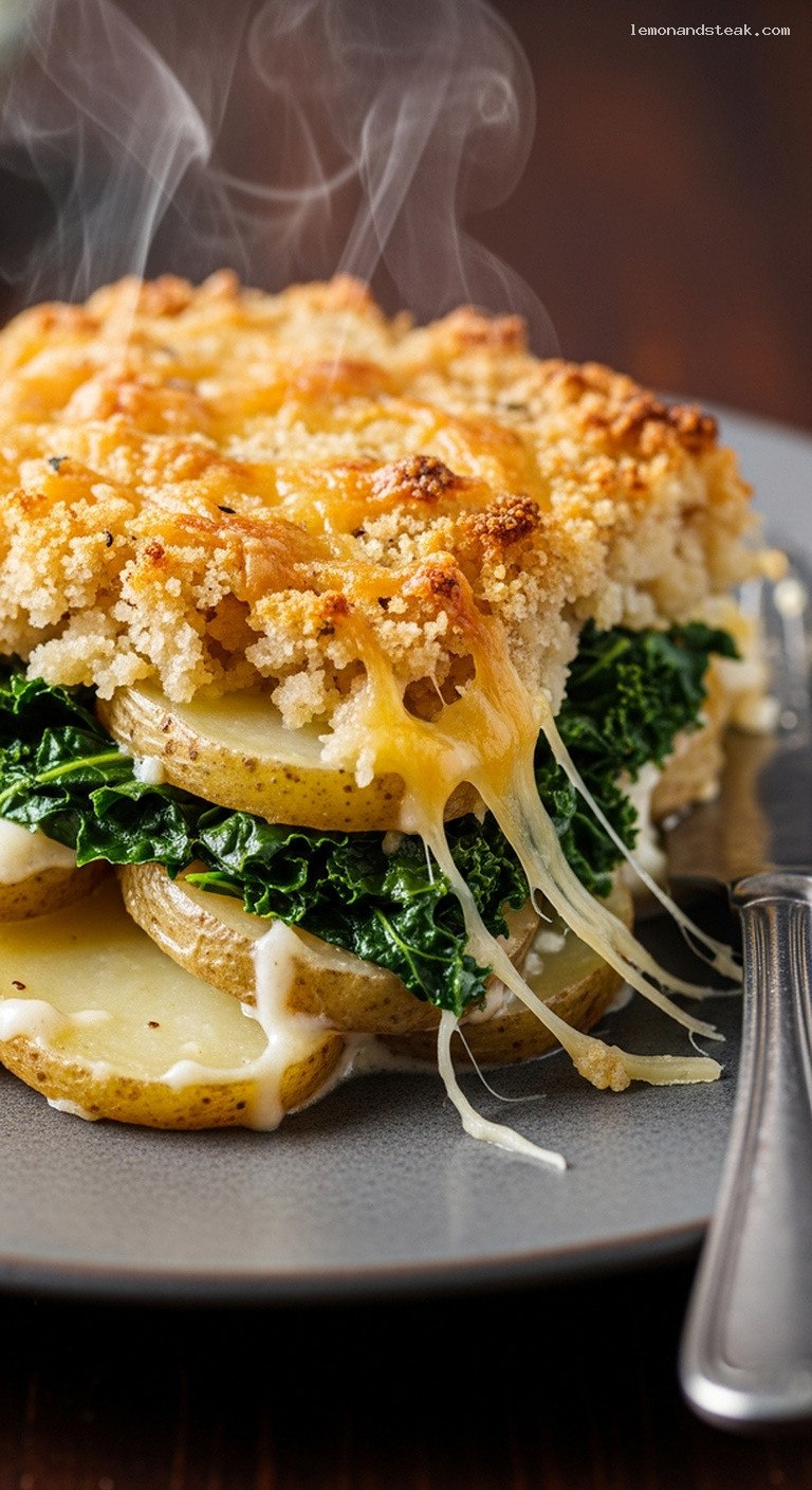 Rustic Potato and Kale Bake with Sharp Cheddar – Closeup