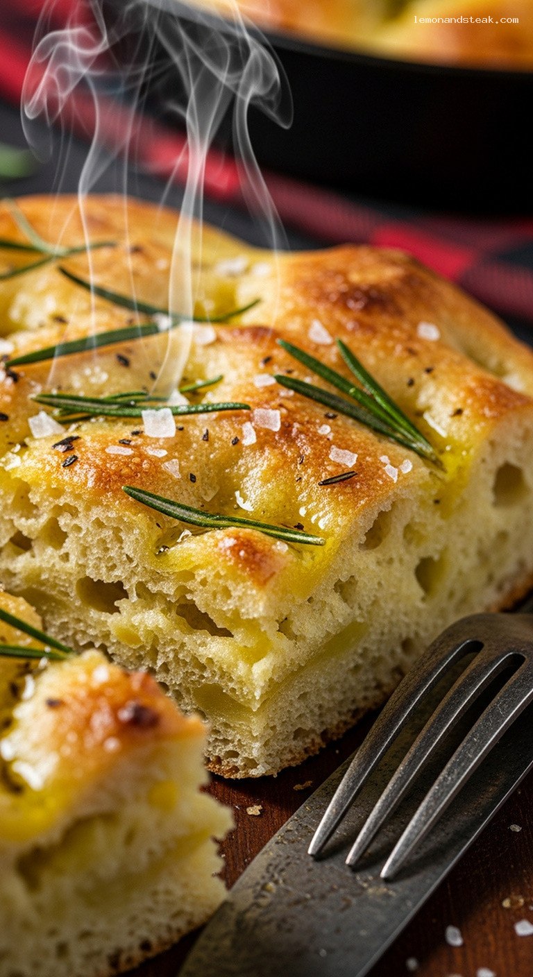 Rustic Potato Herb Focaccia with Rosemary and Sea Salt – Closeup