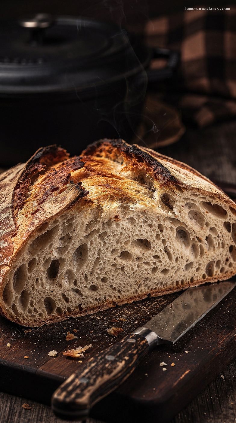 Rustic Sourdough Country Loaf with Chewy Crumb and Crisp Crust – Closeup