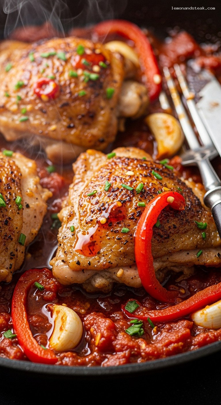 Rustic Spicy Garlic Tomato Skillet Chicken – Closeup