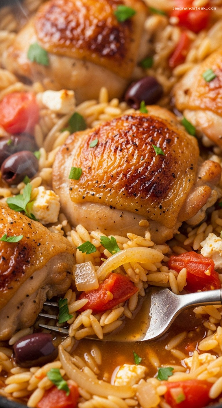 Rustic Spicy Mediterranean Chicken and Orzo Bake – Closeup
