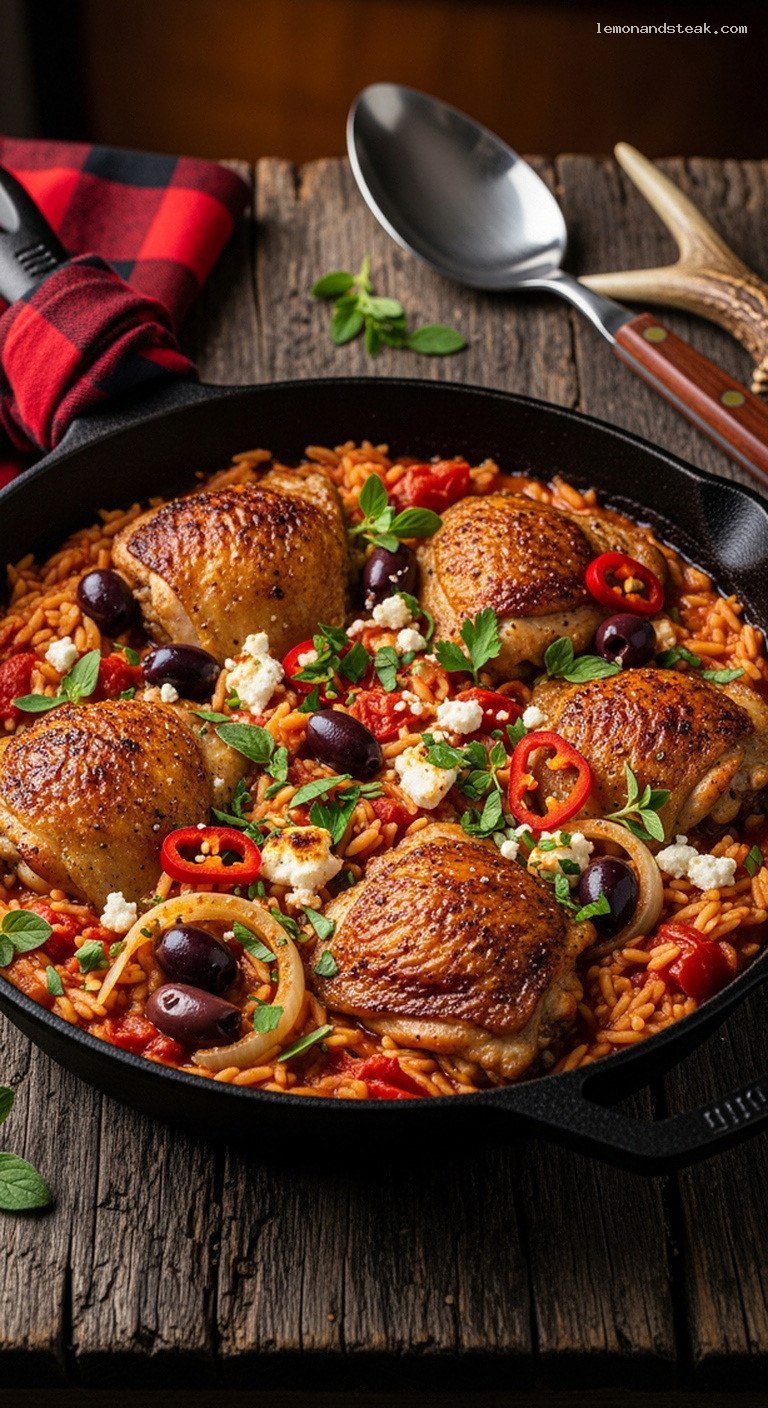 Rustic Spicy Mediterranean Chicken and Orzo Bake