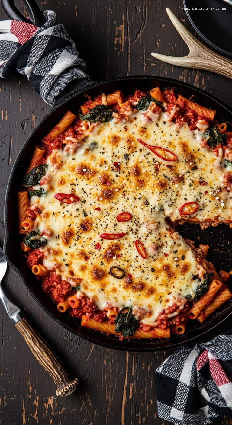 Rustic Spicy Sausage and Spinach Baked Ziti