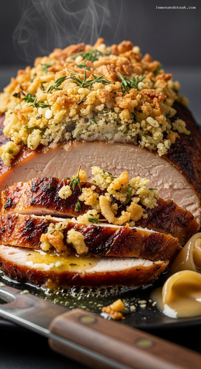 Sage-Butter Roast Turkey With Crispy Fried Onions – Closeup