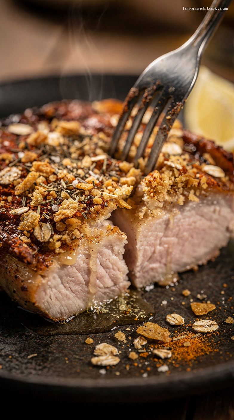 Savory Baked Pork Chops with Crunchy Oatmeal Crust – Closeup