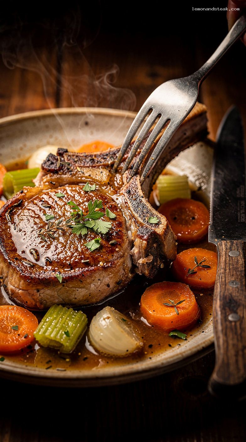 Savory Braised Pork Chops With Carrots, Celery, and Onions – Closeup