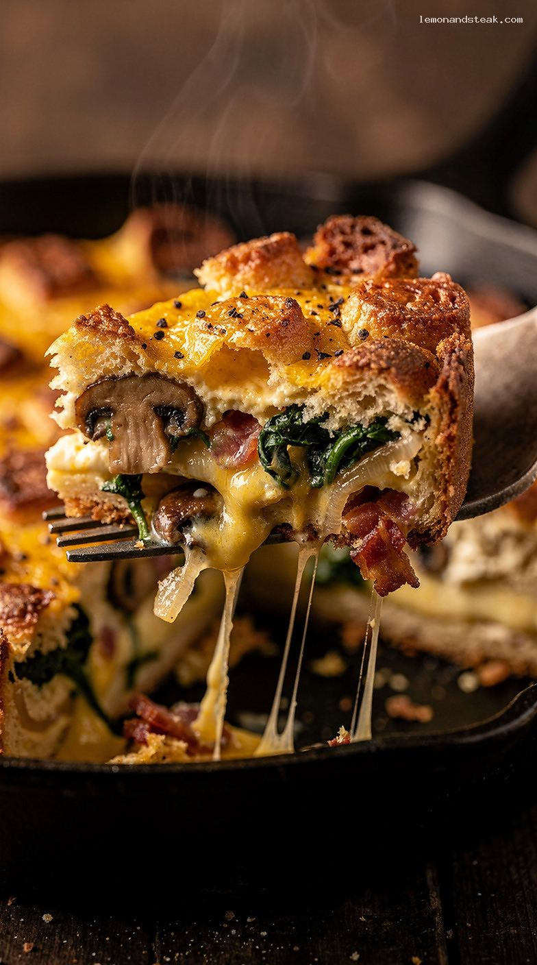 Savory Breakfast Strata With Bread, Eggs, Cheese, and Veggies – Closeup