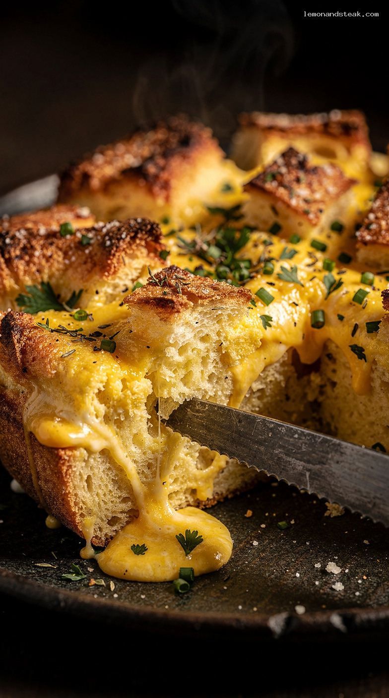 Savory Cheesy Herb Egg Bread Pudding Casserole – Closeup