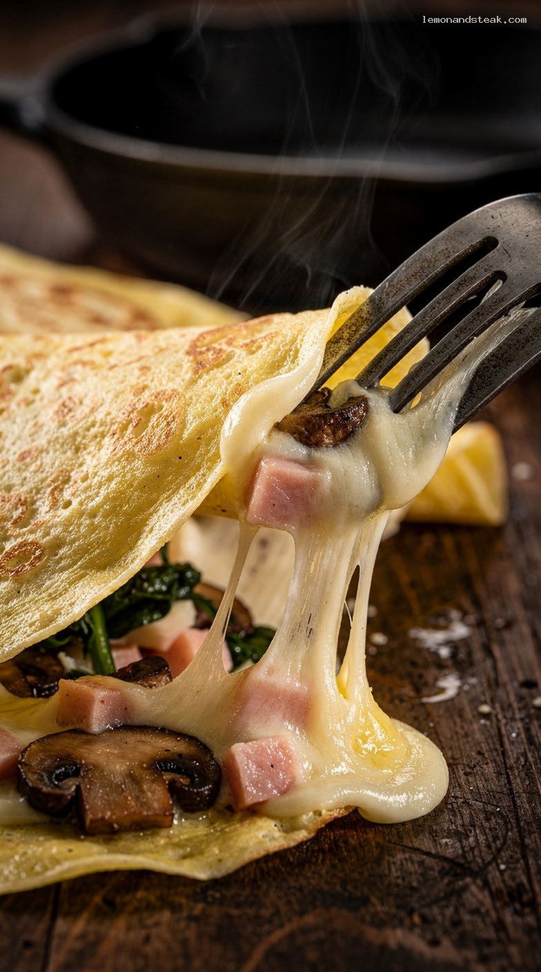 Savory Egg Crêpes with Cheese, Veggies, or Ham – Closeup