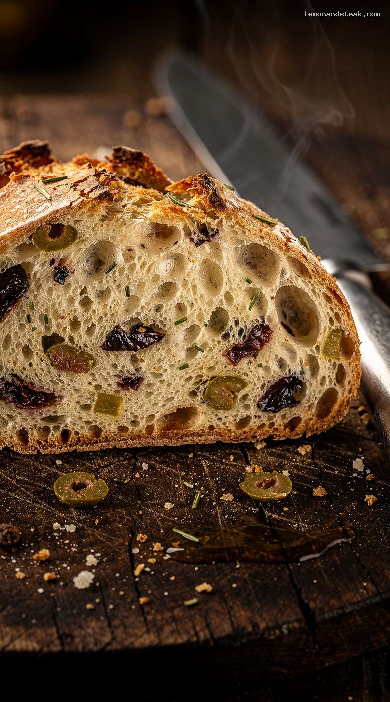 Savory Mediterranean Olive Bread Loaf with Olive Oil – Closeup