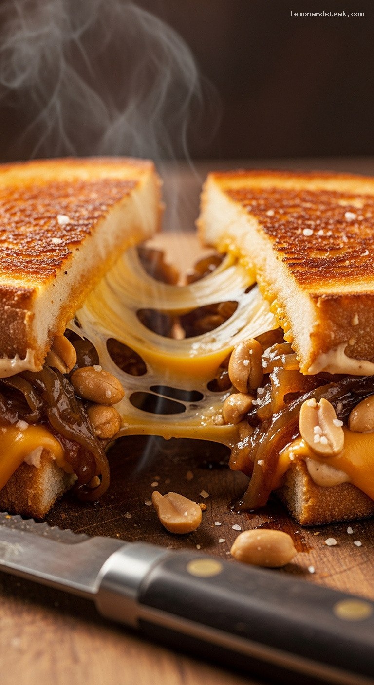 Savory Peanut Butter and Caramelized Onion Grilled Cheese – Closeup