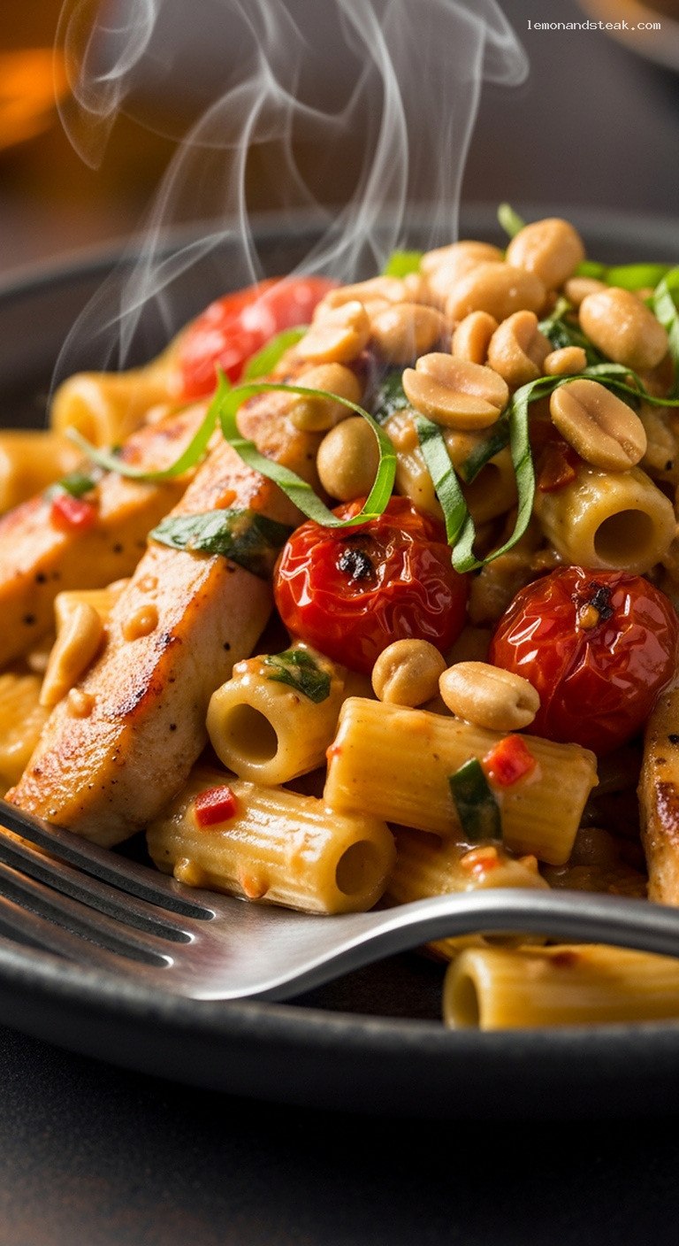 Savory Peanut Butter Basil Chicken Pasta with Roasted Tomatoes – Closeup