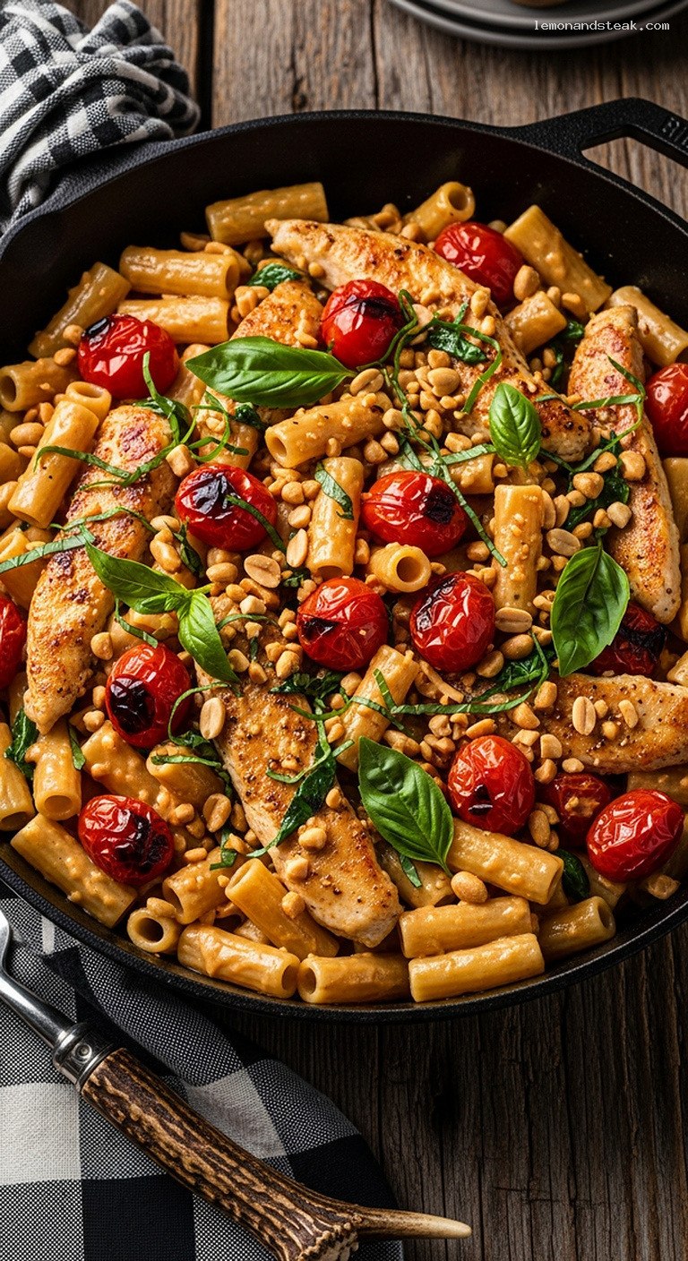 Savory Peanut Butter Basil Chicken Pasta with Roasted Tomatoes