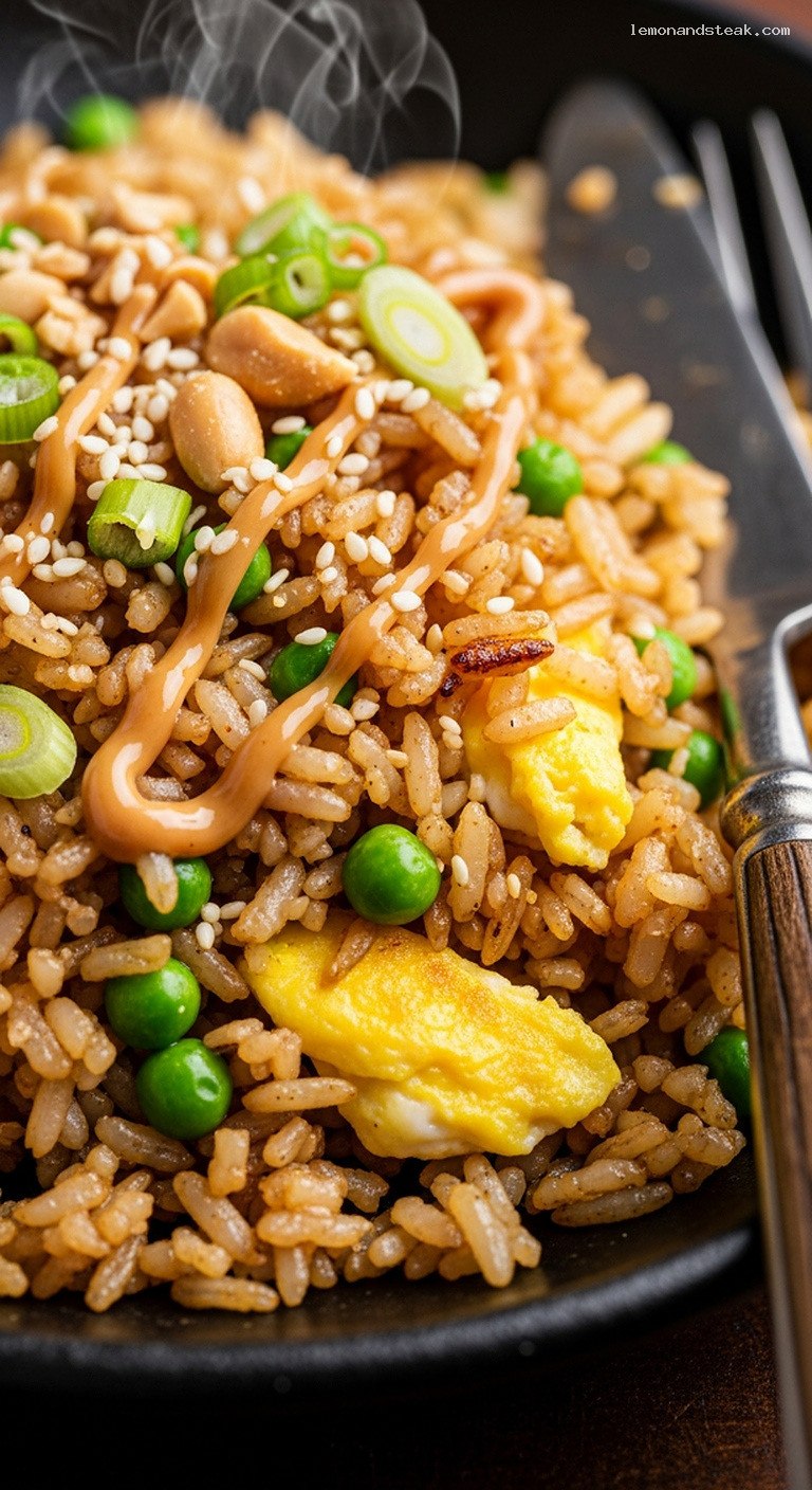 Savory Peanut Butter Fried Rice with Eggs and Scallions – Closeup