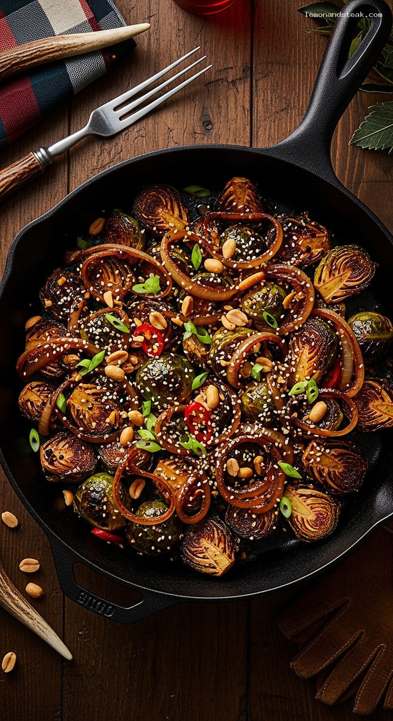 Savory Peanut Butter-Glazed Brussels Sprouts with Caramelized Onions