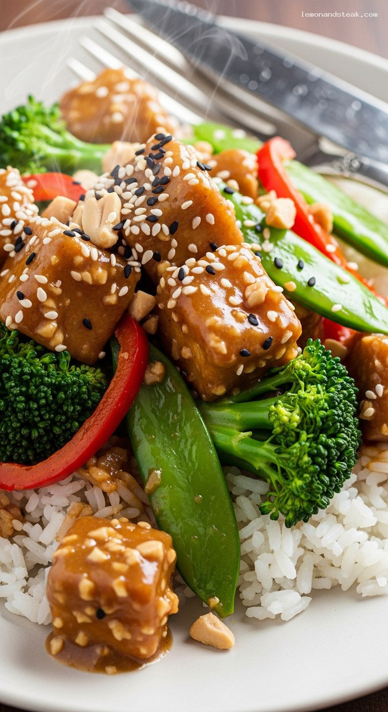 Savory Peanut Tofu Stir-Fry with Broccoli and Snap Peas – Closeup