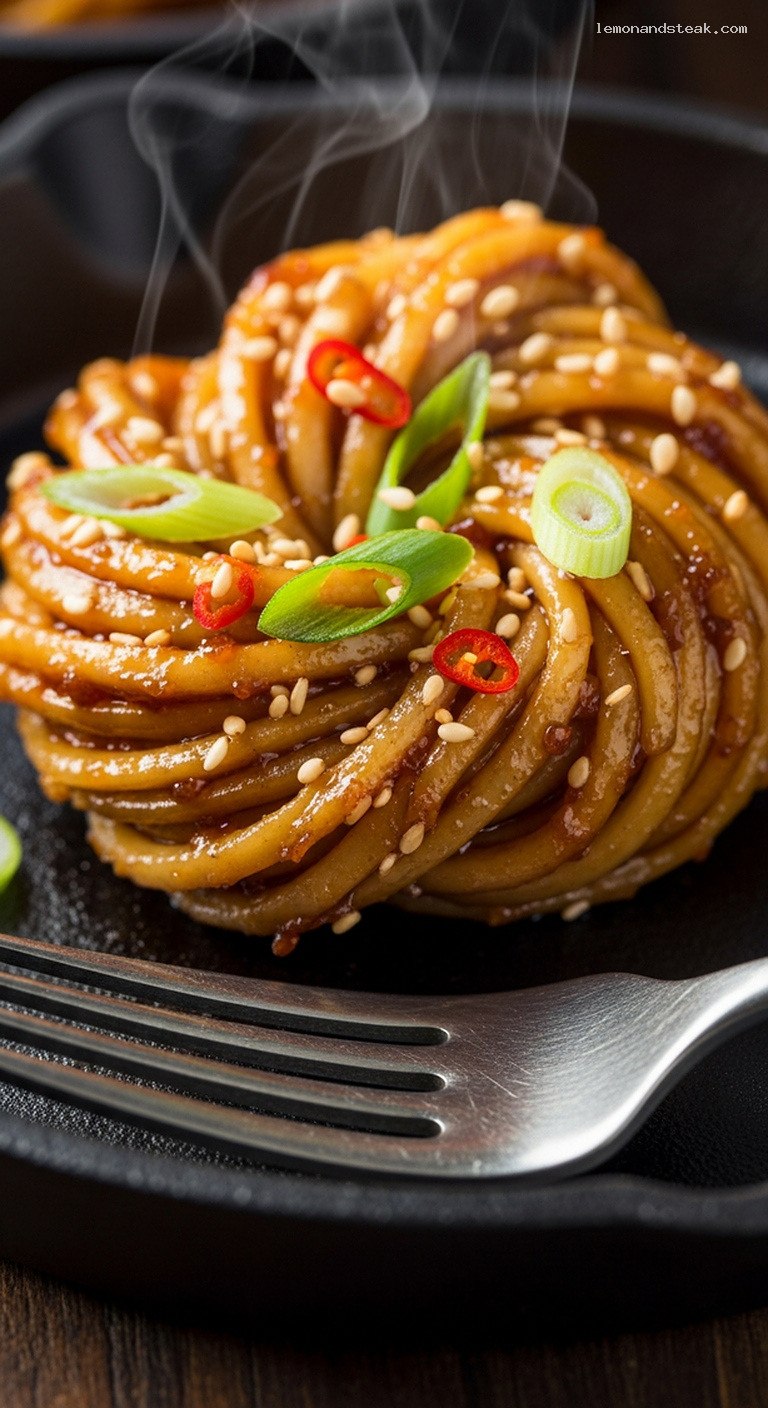 Savory Sesame Noodle Knots with Soy and Scallions – Closeup