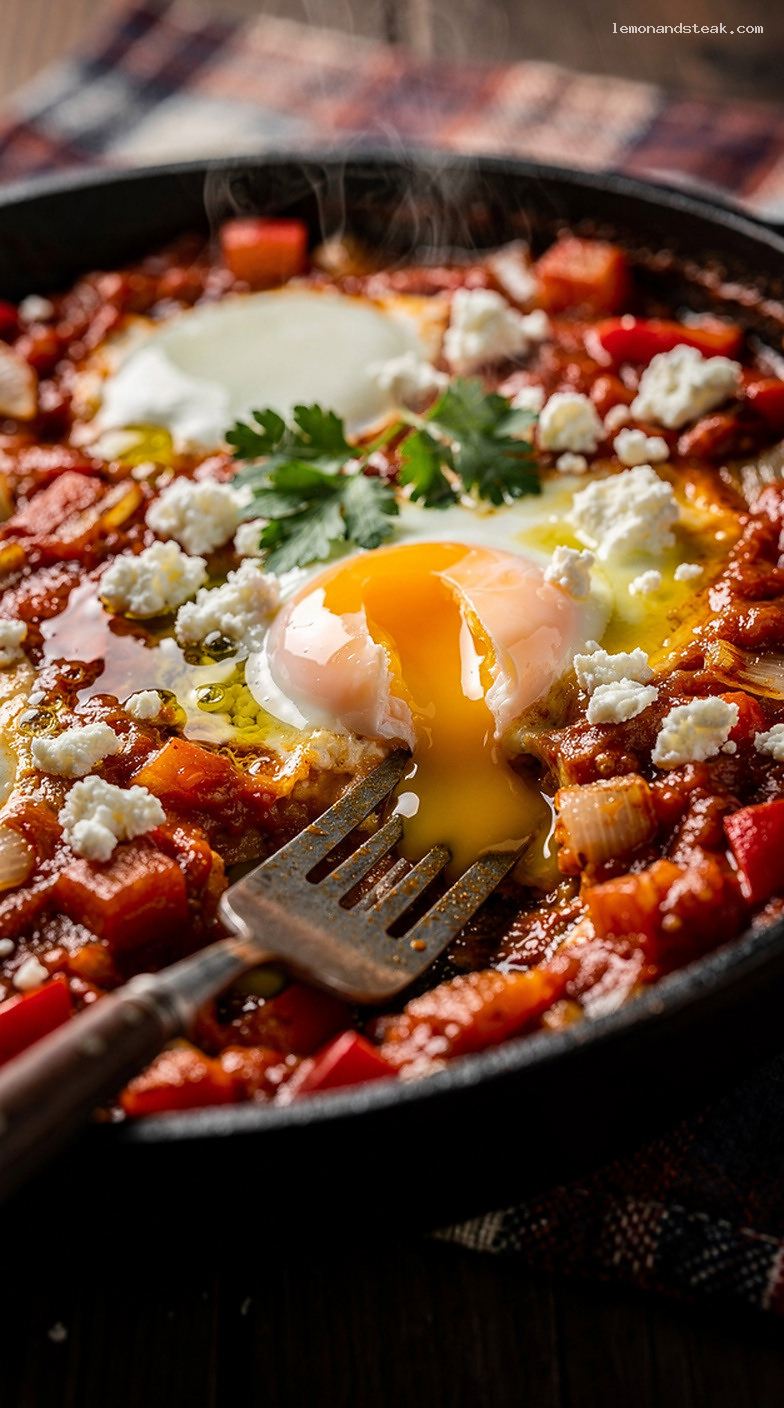 Shakshuka-Style Poached Eggs in Spiced Tomato Pepper Sauce – Closeup