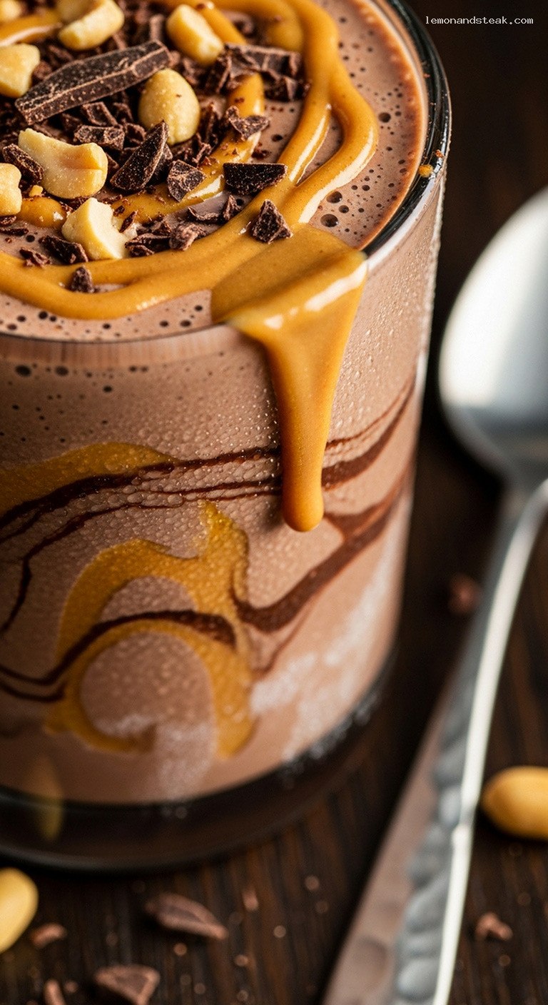 Silky Chocolate Peanut Butter Protein Shake – Closeup