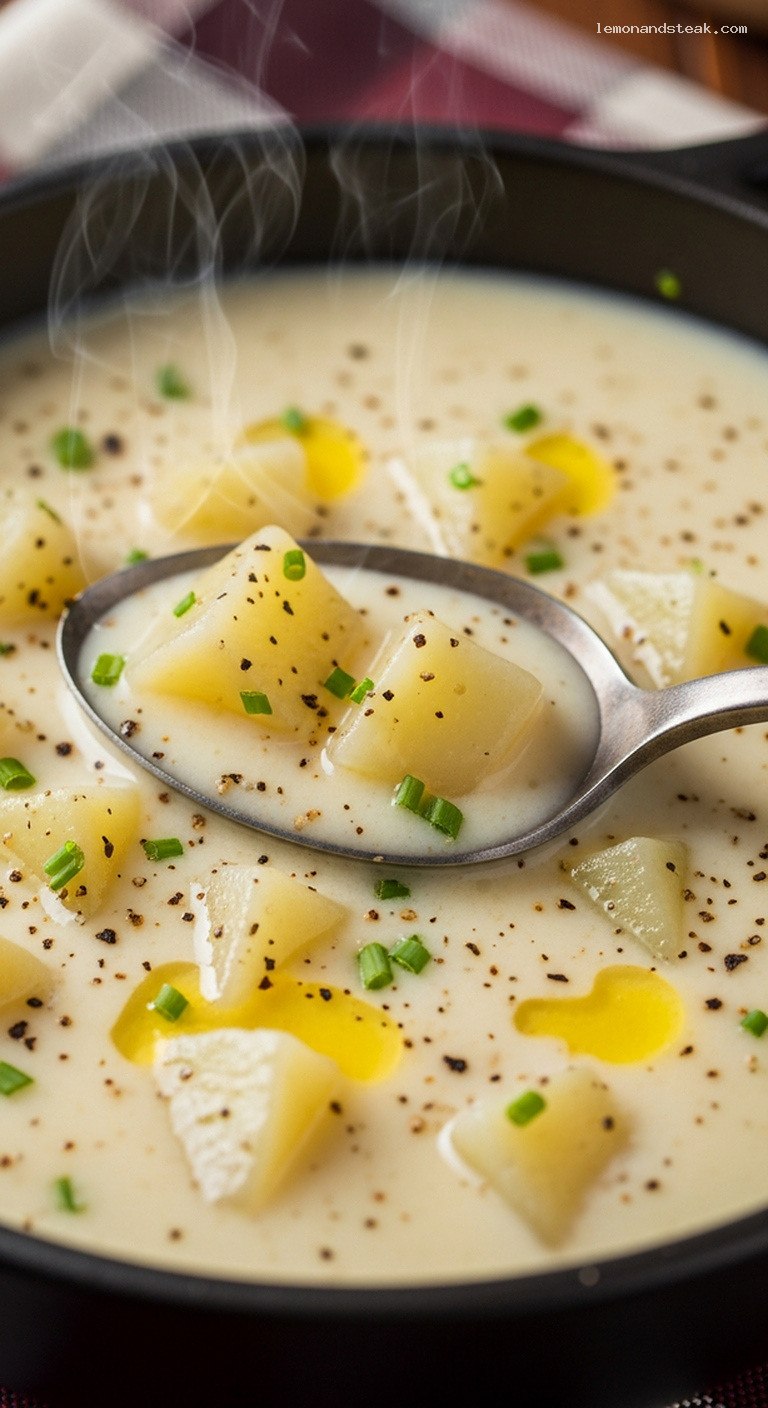 Silky Creamy Potato Soup With Butter and Milk – Closeup