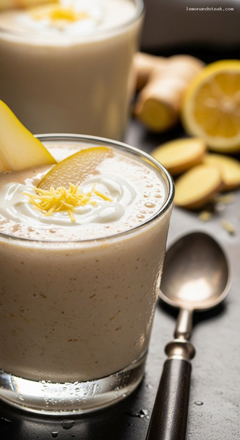 Silky Pear Ginger Smoothie With Yogurt and Lemon – Closeup