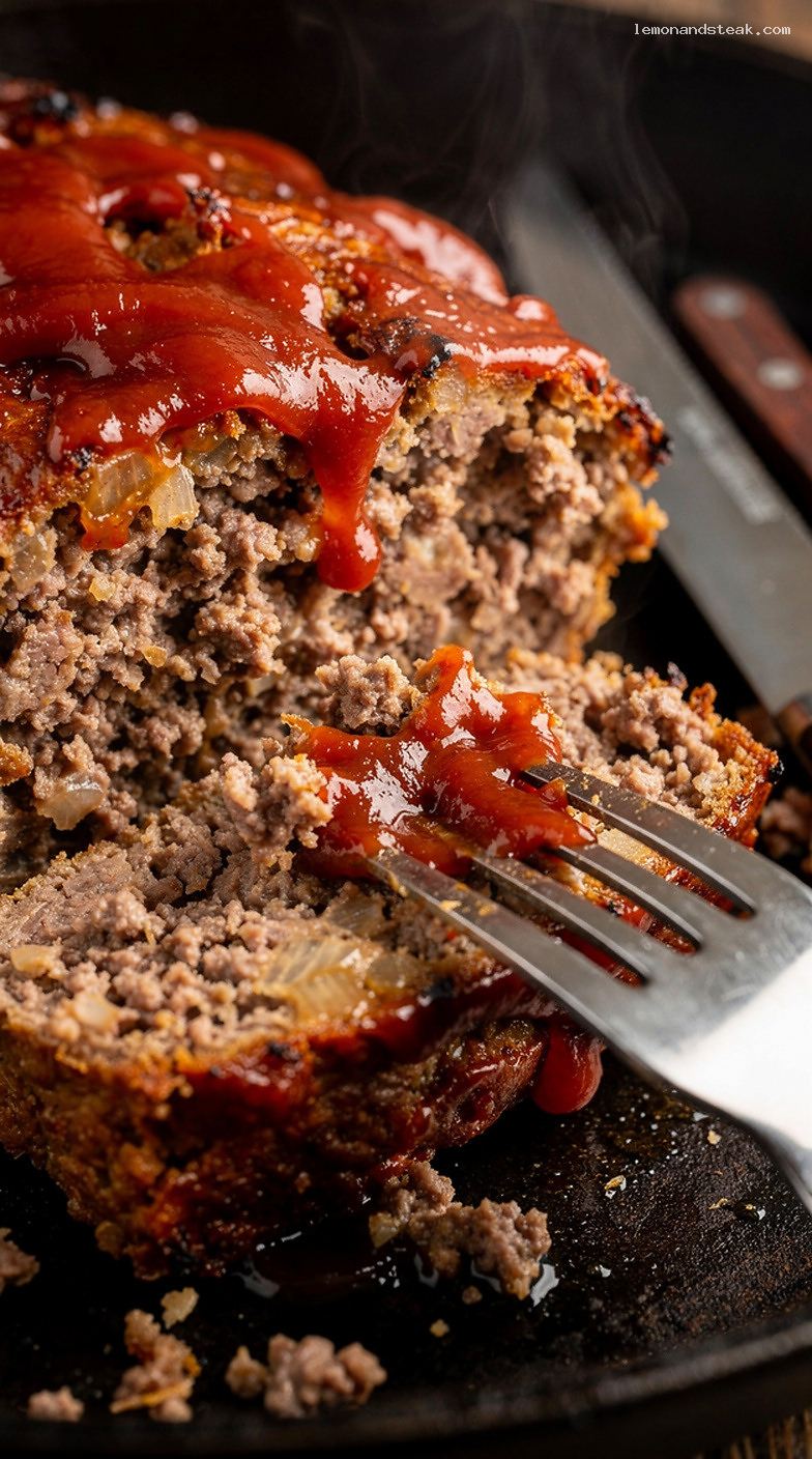 Simple Oven-Baked Beef and Oat Meatloaf With Tomato Glaze – Closeup