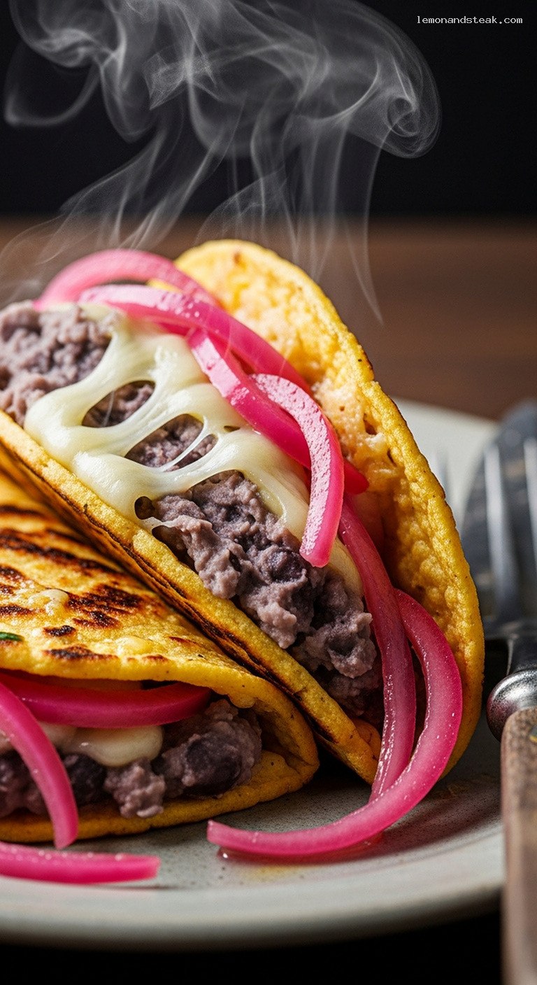 Skillet Bean and Cheese Tacos with Pickled Onions – Closeup