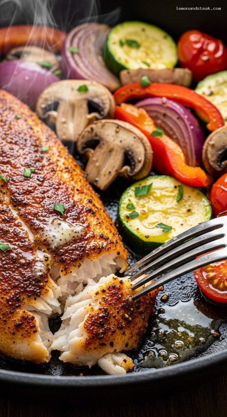 Skillet Blackened Catfish with Lemon-Butter Camp Veggies – Closeup