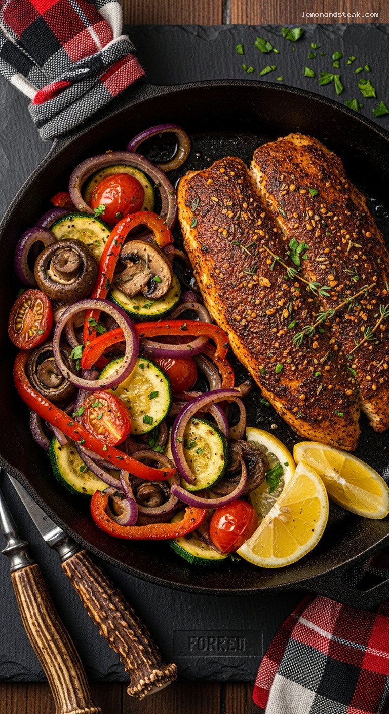 Skillet Blackened Catfish with Lemon-Butter Camp Veggies