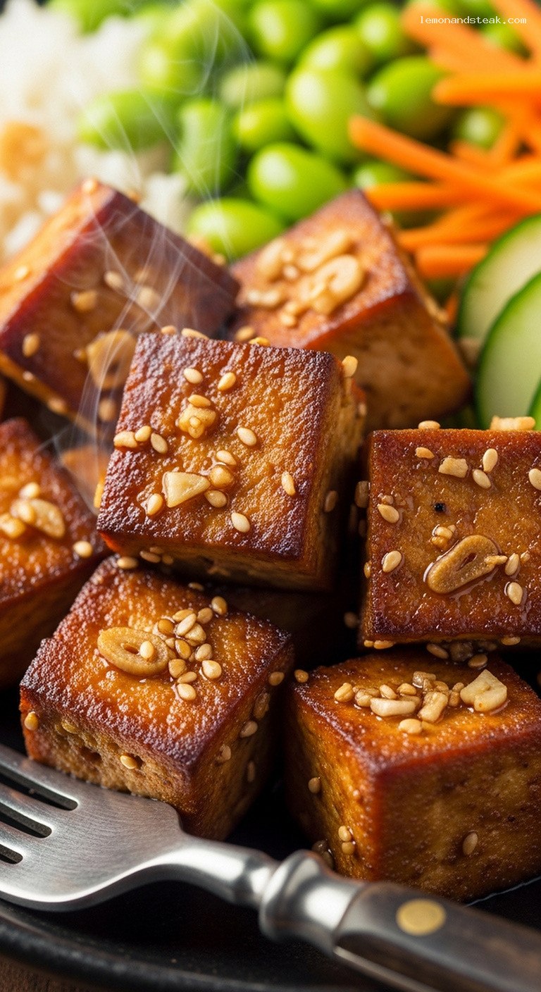 Skillet-Browned Sesame Garlic Tofu Snack Bowl – Closeup
