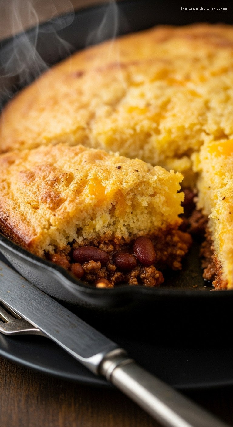 Skillet Chili Cornbread Bake – Closeup