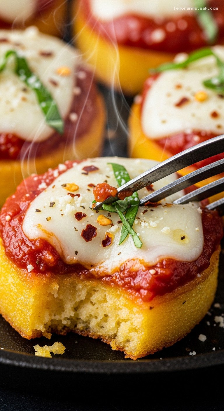 Skillet-Fried Polenta Bites with Marinara and Mozzarella – Closeup