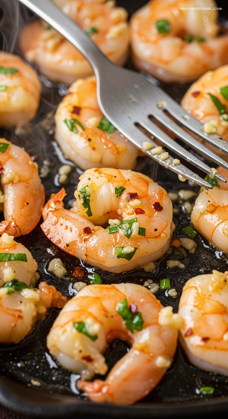 Skillet Garlic Butter Herb Shrimp Bites – Closeup