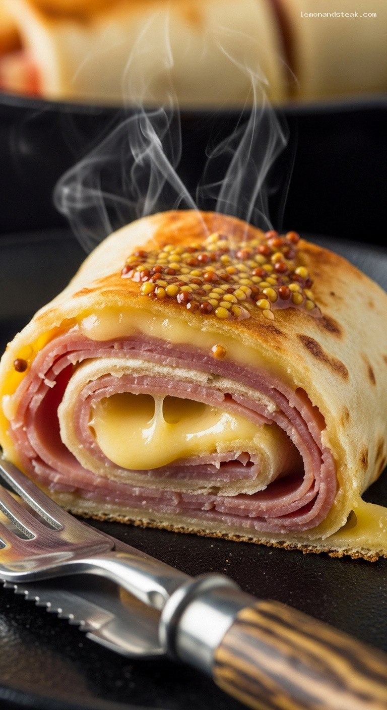 Skillet Ham and Cheese Roll-Ups with Mustard – Closeup