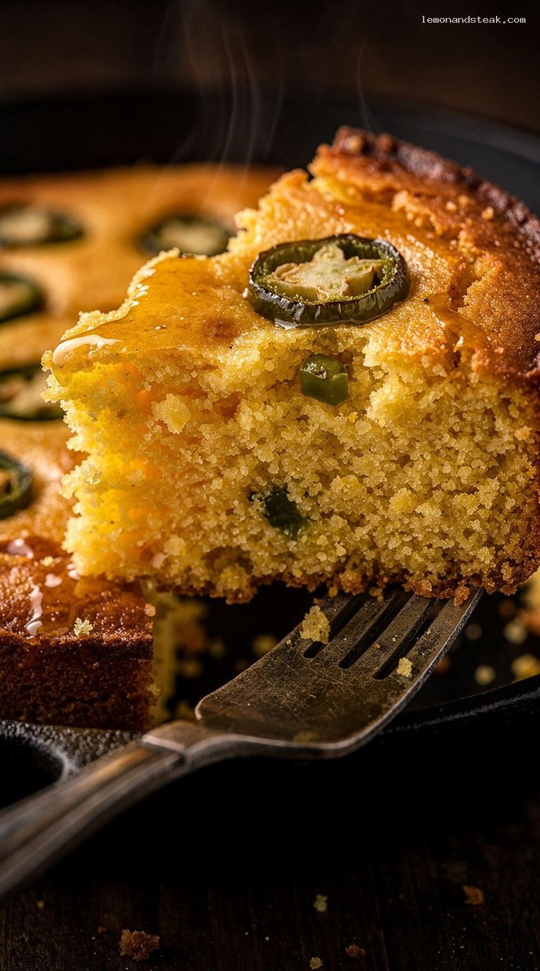 Skillet Jalapeño Cornbread with Crisp Butter Edges – Closeup