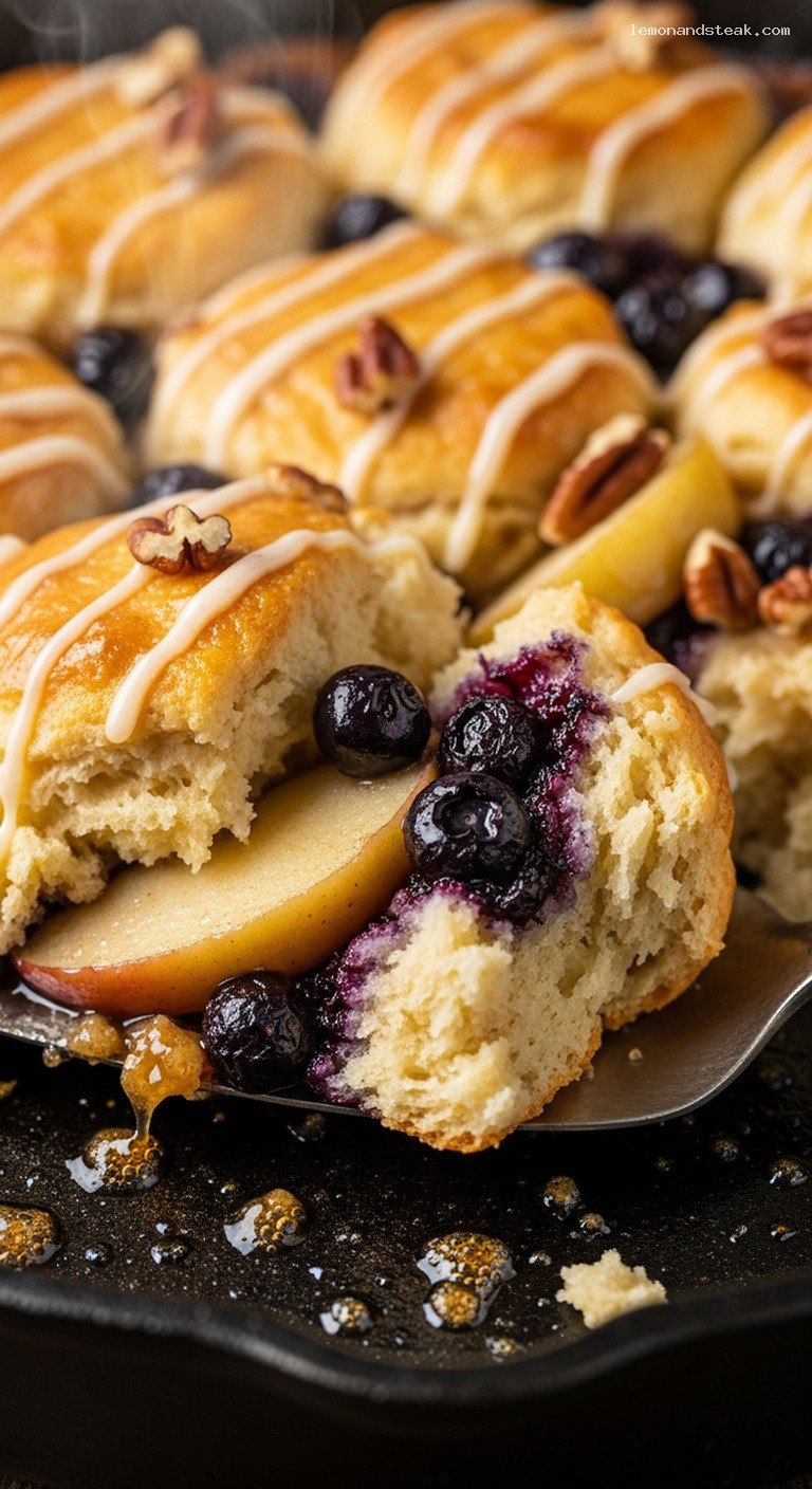 Skillet Maple Brown Sugar Breakfast Biscuit Bake with Fruit – Closeup