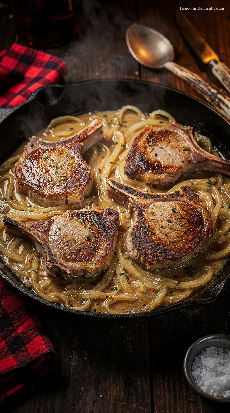 Skillet Pork Chops in Mild Beer and Onion Gravy