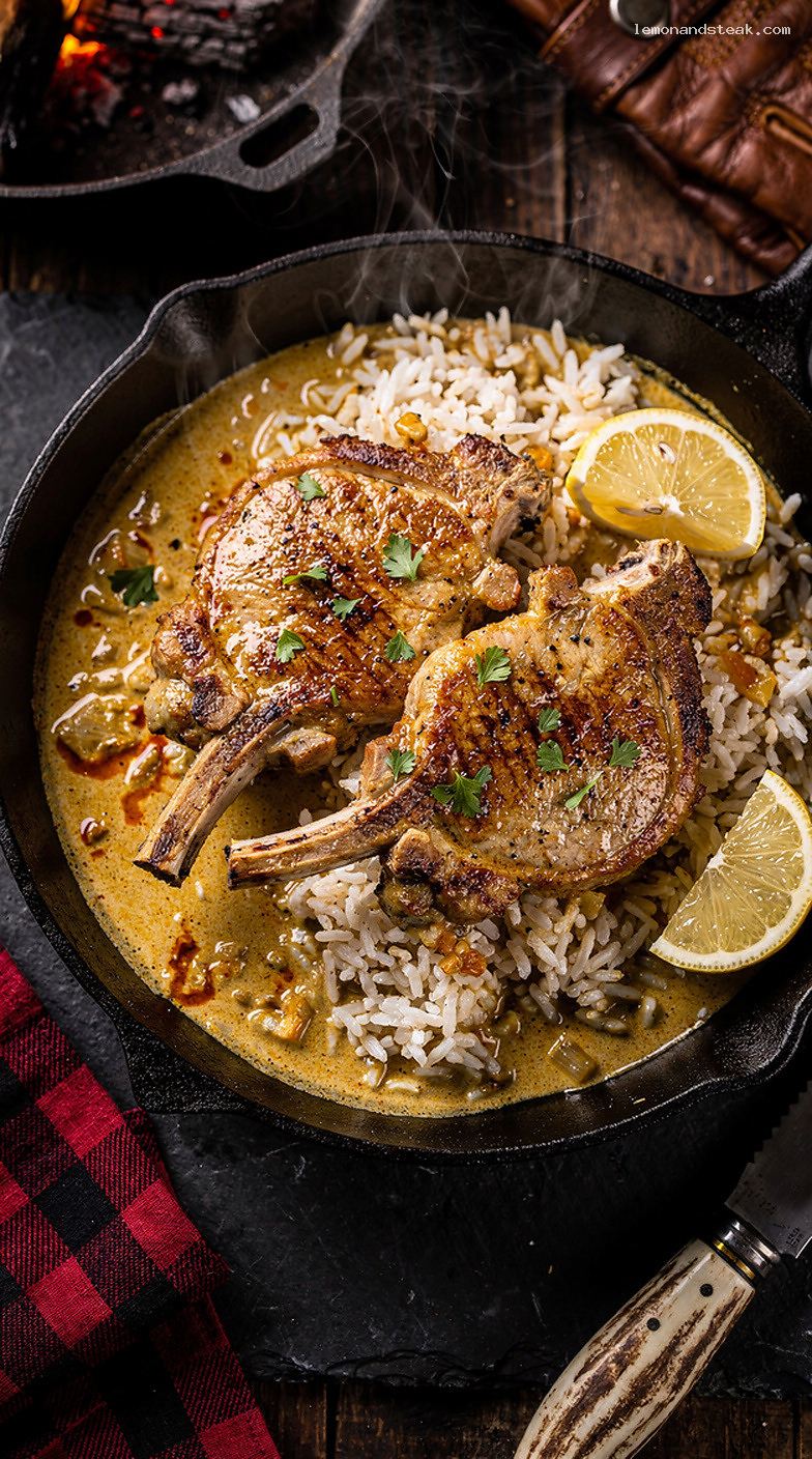 Skillet Pork Chops in Mild Curry Cream Sauce Over Rice