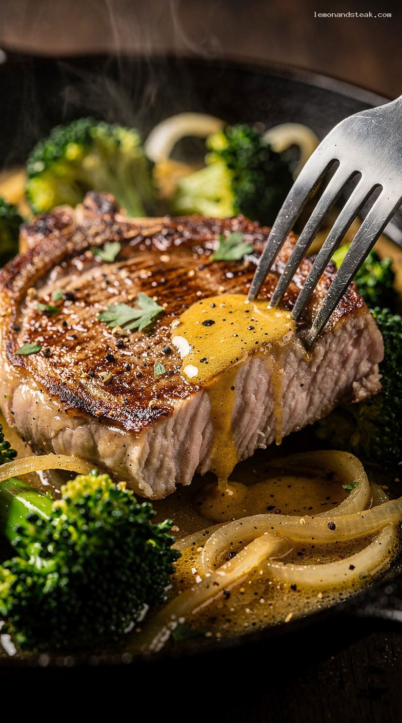 Skillet Pork Chops with Broccoli and Onions in Butter Sauce – Closeup