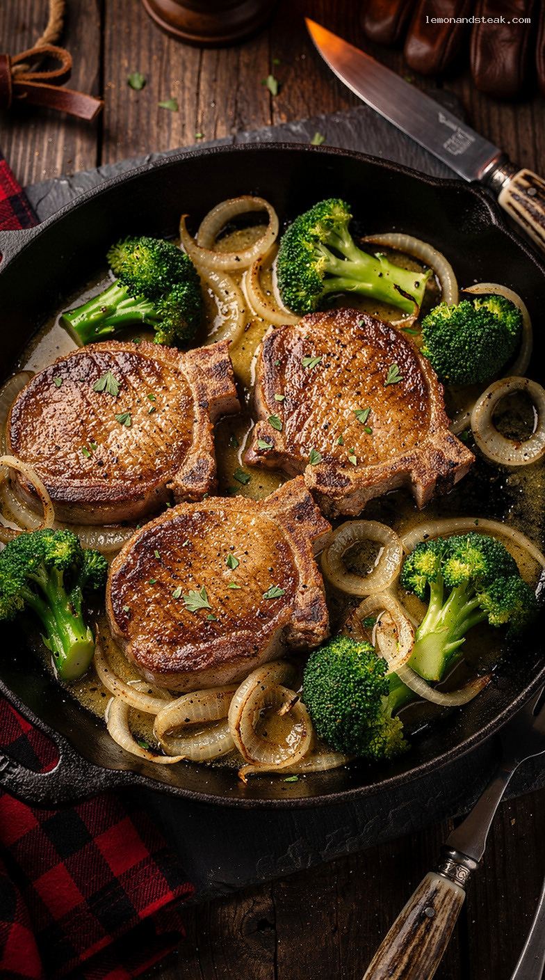 Skillet Pork Chops with Broccoli and Onions in Butter Sauce