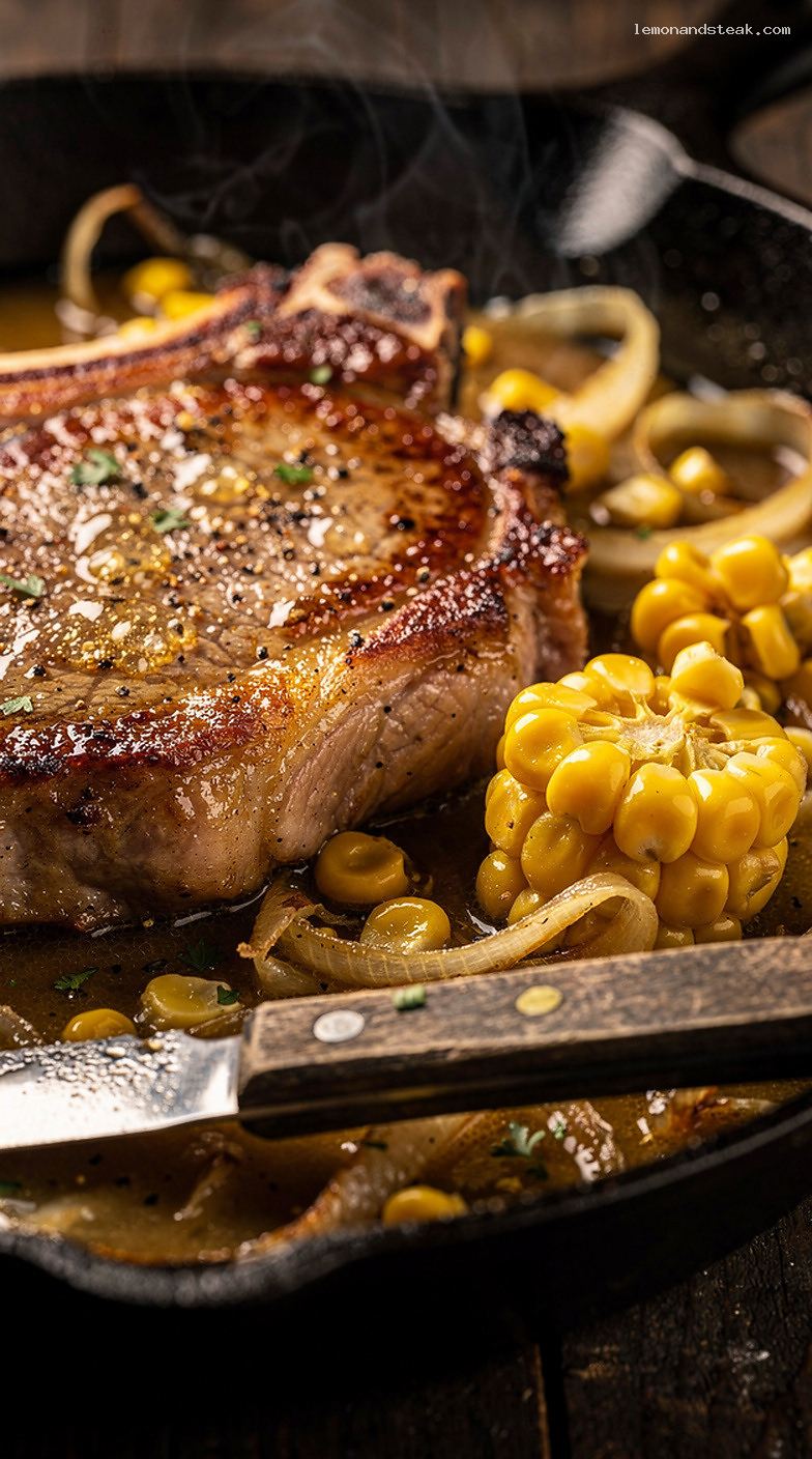 Skillet Pork Chops With Corn, Onions, and Butter – Closeup