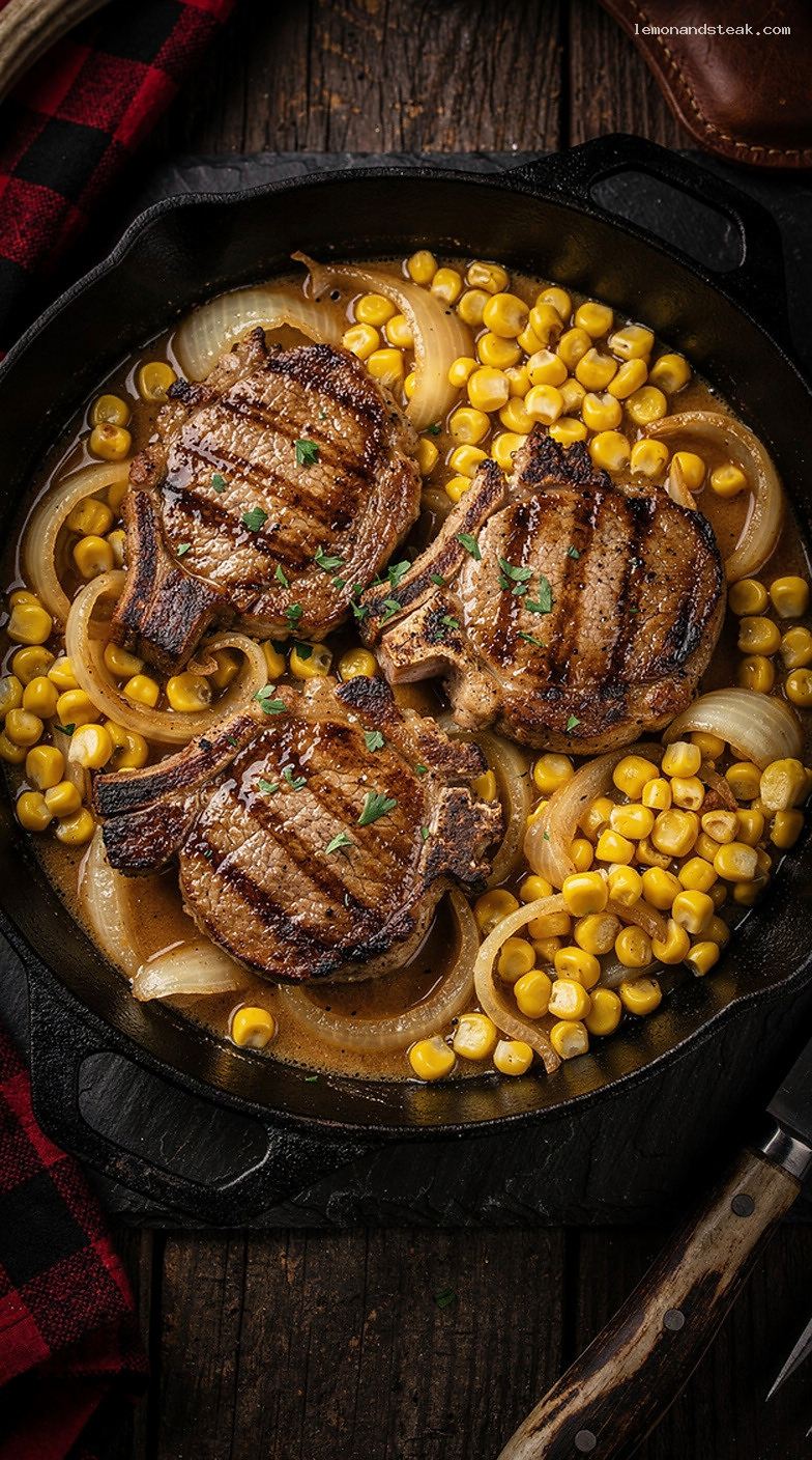 Skillet Pork Chops With Corn, Onions, and Butter