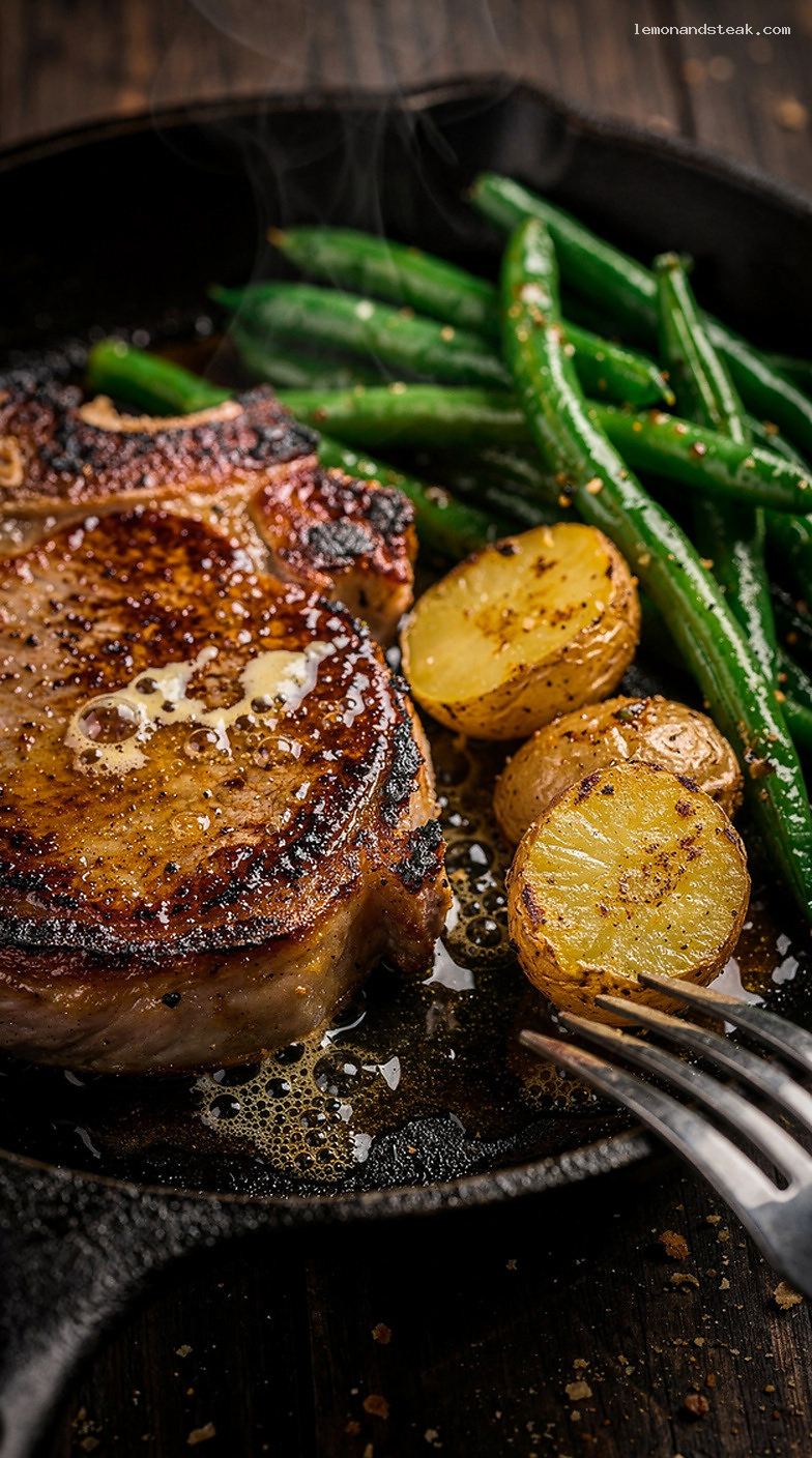 Skillet Pork Chops with Green Beans and Potatoes – Closeup