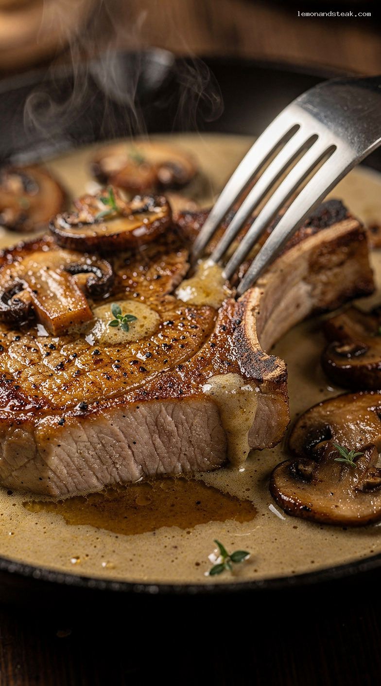 Skillet Pork Chops with Mushrooms and Cream Sherry – Closeup