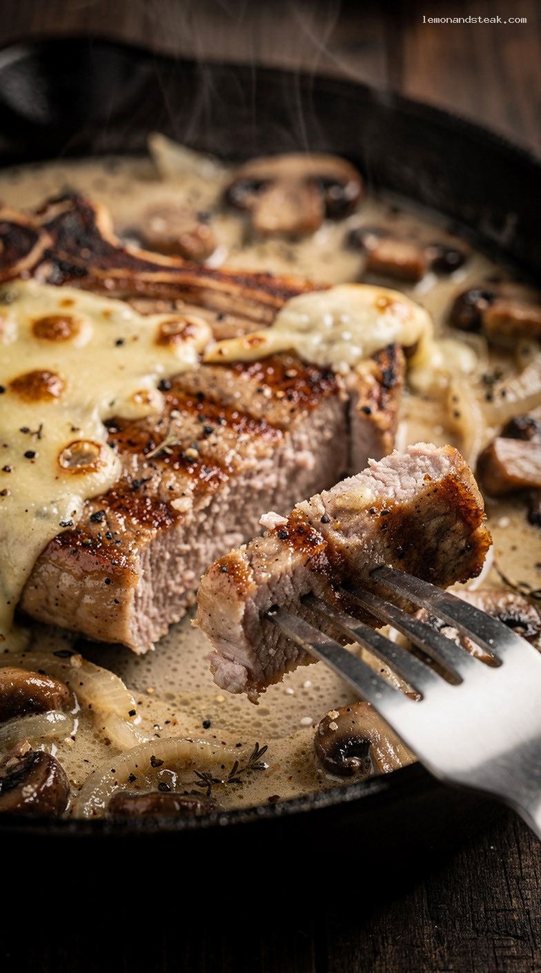 Skillet Pork Chops with Mushrooms and Melted Swiss Cheese – Closeup