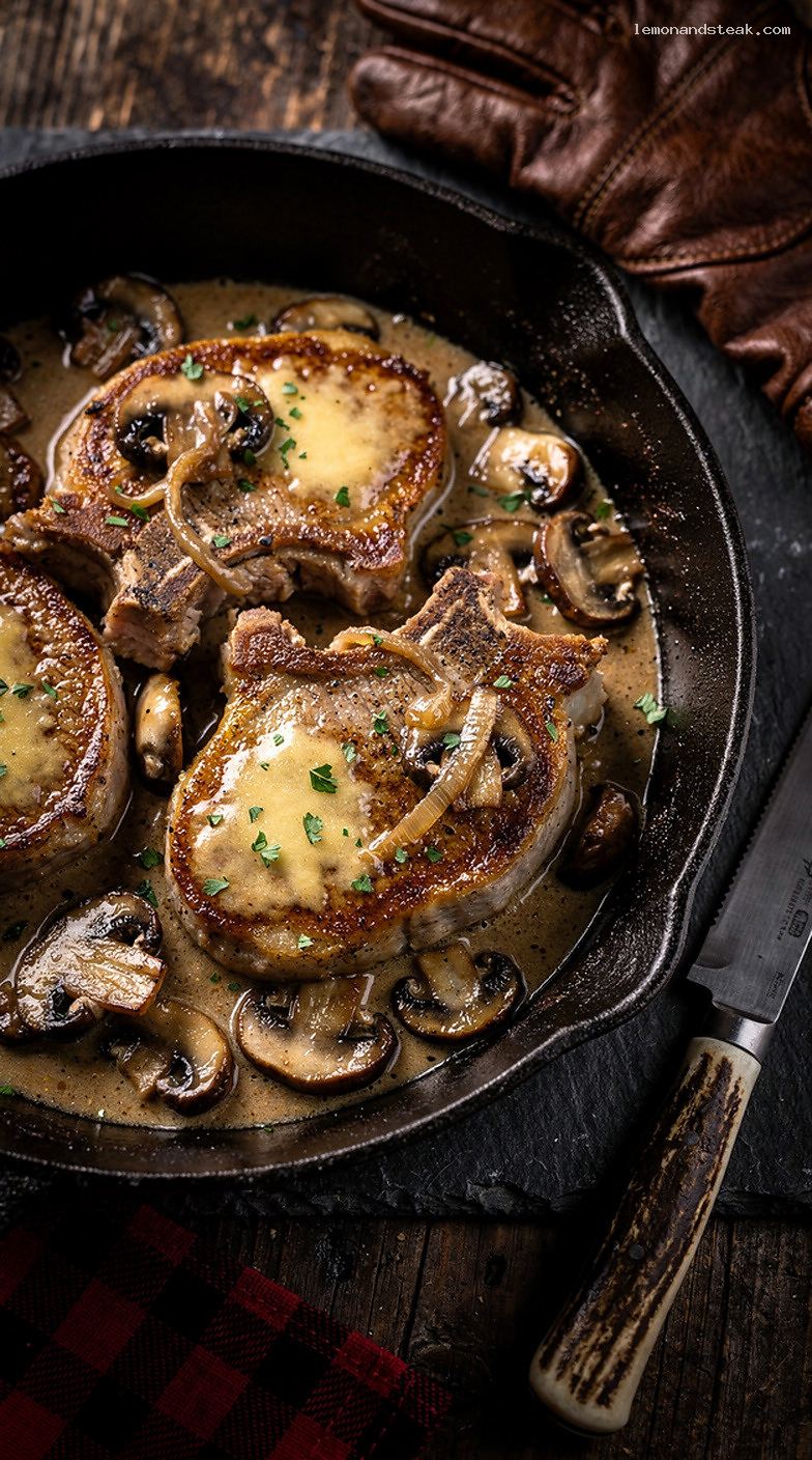 Skillet Pork Chops with Mushrooms and Melted Swiss Cheese