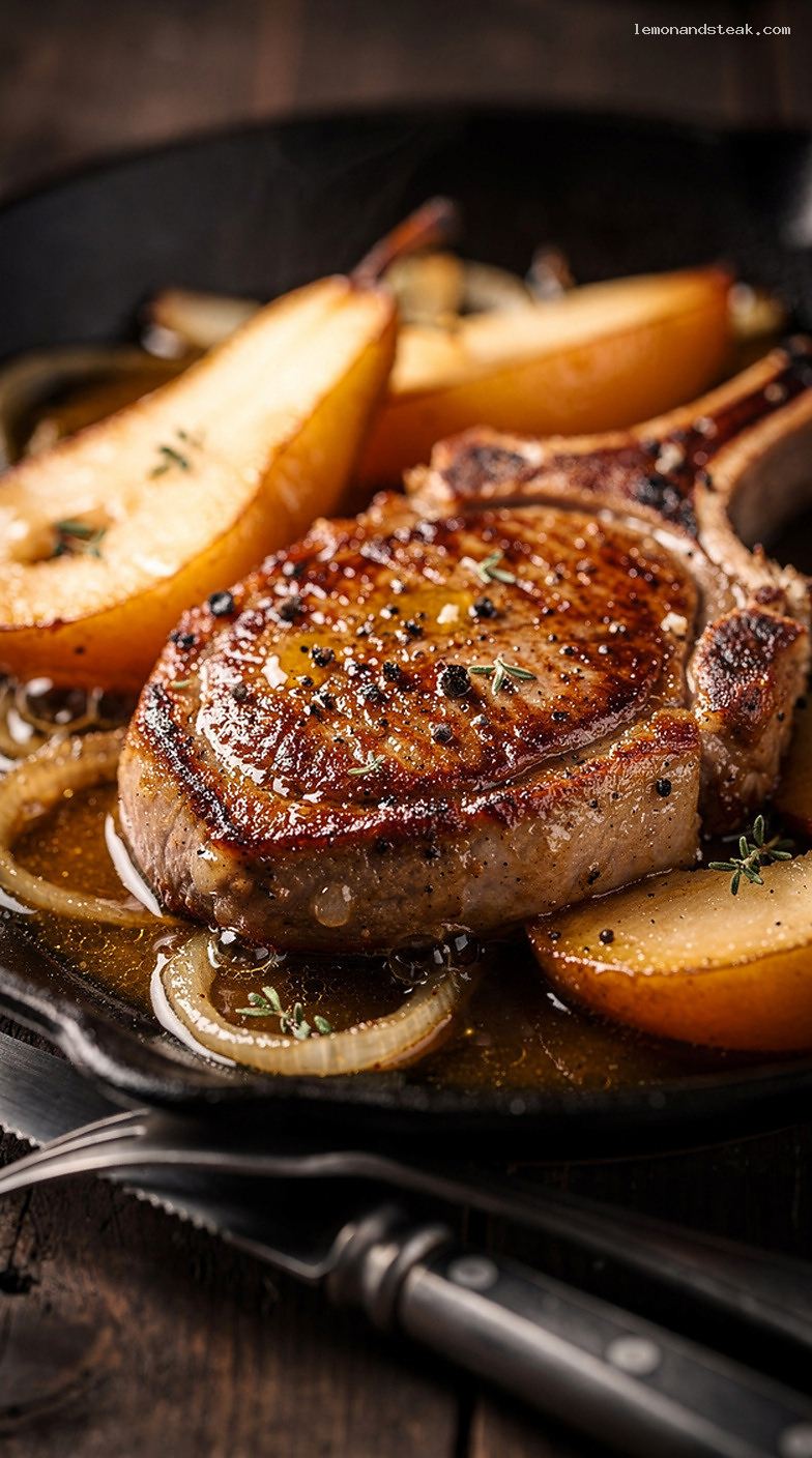 Skillet Pork Chops With Pears and Onions – Closeup